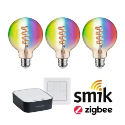 Preisattraktives Starterset Smart Home Zigbee 3.0 - LED Birne Filament G95 RGBW + Gateway + Schalter